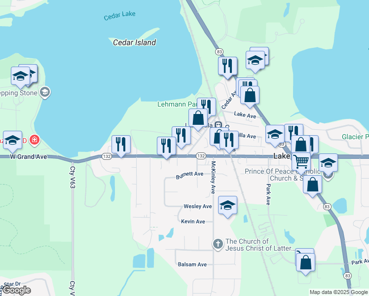 map of restaurants, bars, coffee shops, grocery stores, and more near 17 West Grand Avenue in Lake Villa