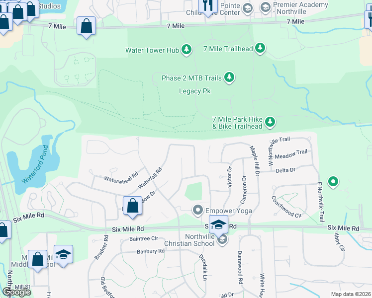 map of restaurants, bars, coffee shops, grocery stores, and more near 17900 Farmcrest Court in Northville