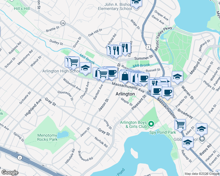 map of restaurants, bars, coffee shops, grocery stores, and more near 7 Jason Street in Arlington