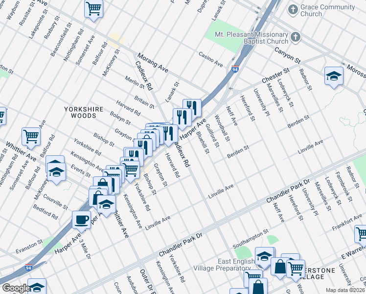 map of restaurants, bars, coffee shops, grocery stores, and more near 6181 Cadieux Road in Detroit