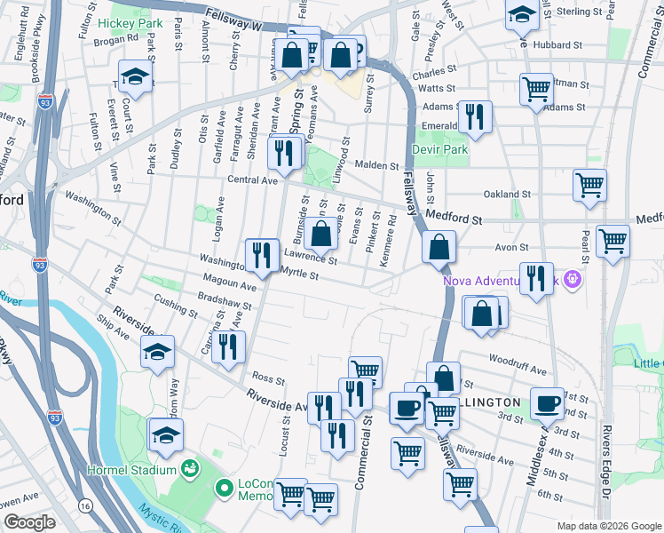 map of restaurants, bars, coffee shops, grocery stores, and more near 62 Myrtle Street in Medford