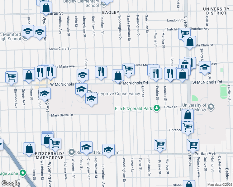 map of restaurants, bars, coffee shops, grocery stores, and more near 16730 Greenlawn Street in Detroit