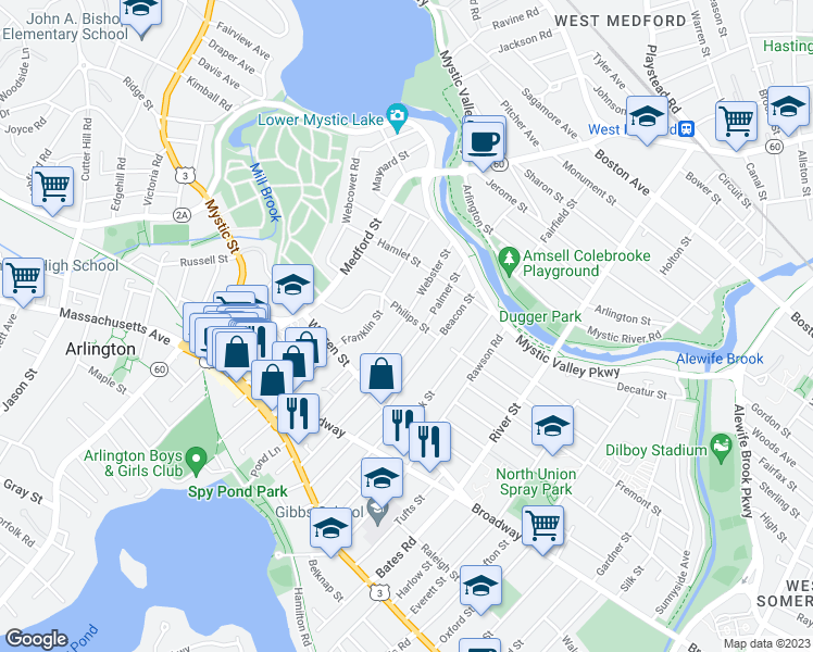 map of restaurants, bars, coffee shops, grocery stores, and more near 81 Webster Street in Arlington