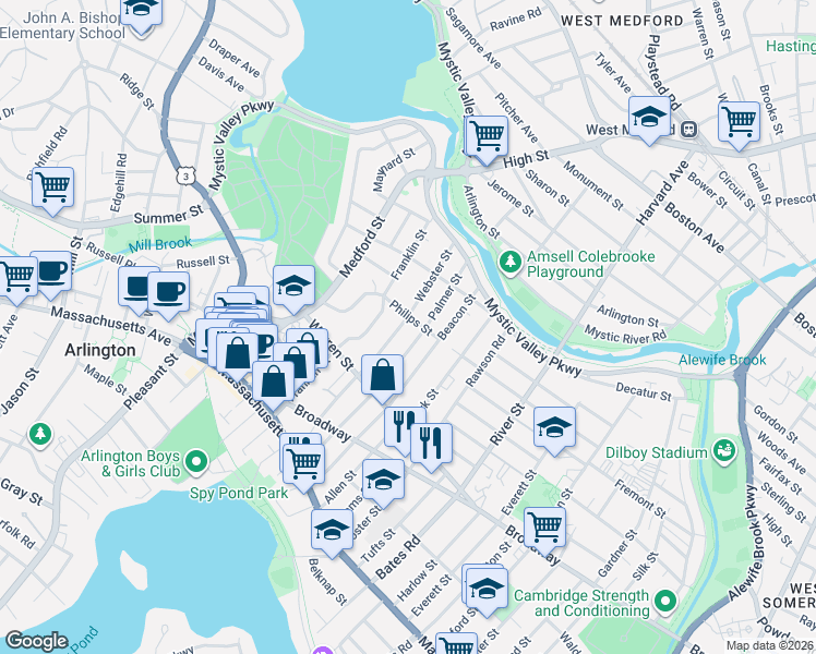map of restaurants, bars, coffee shops, grocery stores, and more near 81 Webster Street in Arlington