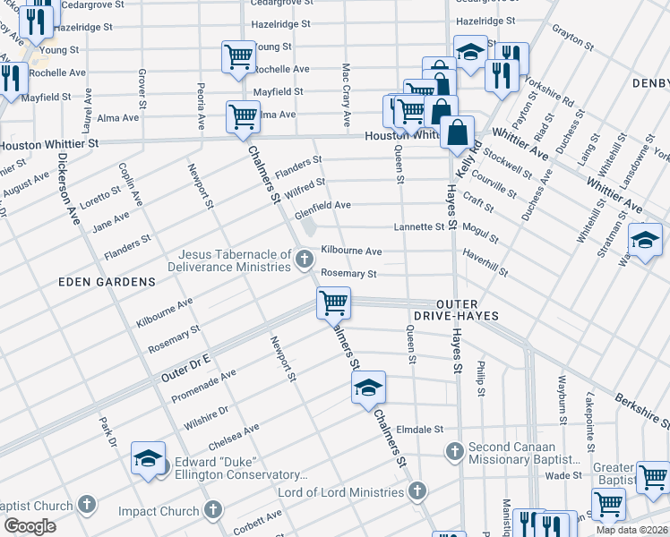 map of restaurants, bars, coffee shops, grocery stores, and more near 14441 Rosemary Street in Detroit