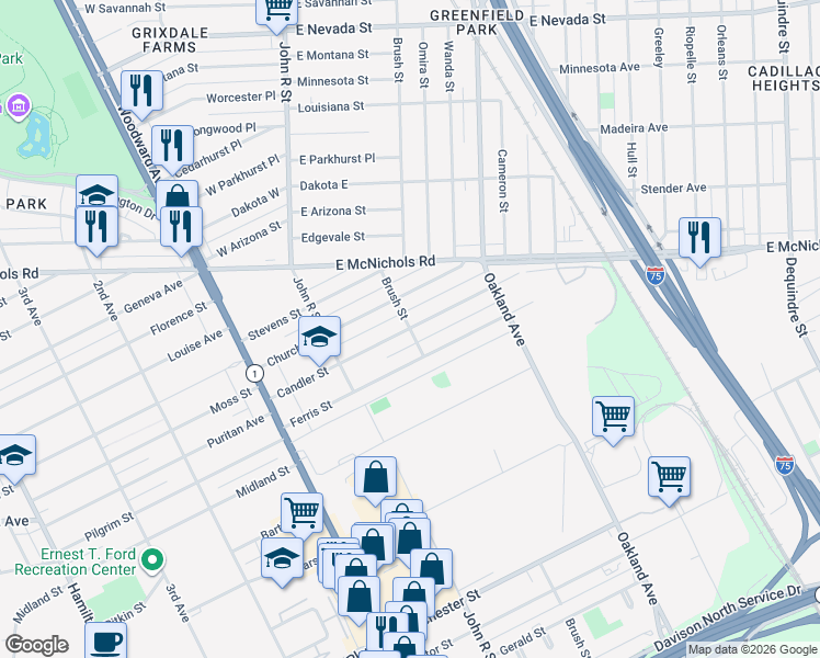 map of restaurants, bars, coffee shops, grocery stores, and more near Candler Street in Highland Park