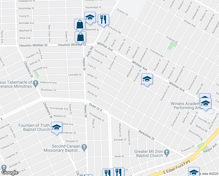 map of restaurants, bars, coffee shops, grocery stores, and more near 10875 Mogul Street in Detroit