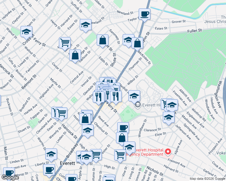 map of restaurants, bars, coffee shops, grocery stores, and more near in Everett