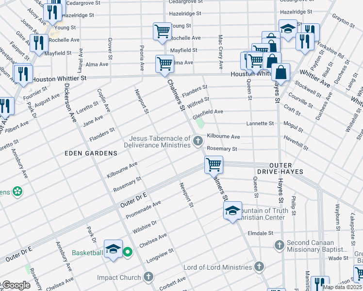 map of restaurants, bars, coffee shops, grocery stores, and more near 14229 Rosemary Street in Detroit