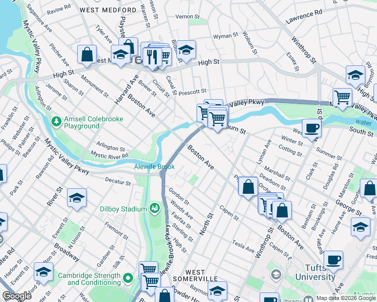 map of restaurants, bars, coffee shops, grocery stores, and more near 38 Irvington Road in Somerville