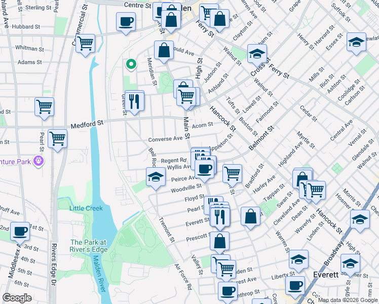 map of restaurants, bars, coffee shops, grocery stores, and more near 4 Perkins Avenue in Malden
