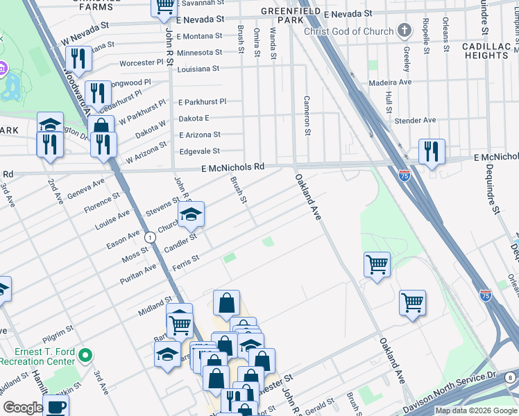 map of restaurants, bars, coffee shops, grocery stores, and more near 155 Ferris Street in Highland Park
