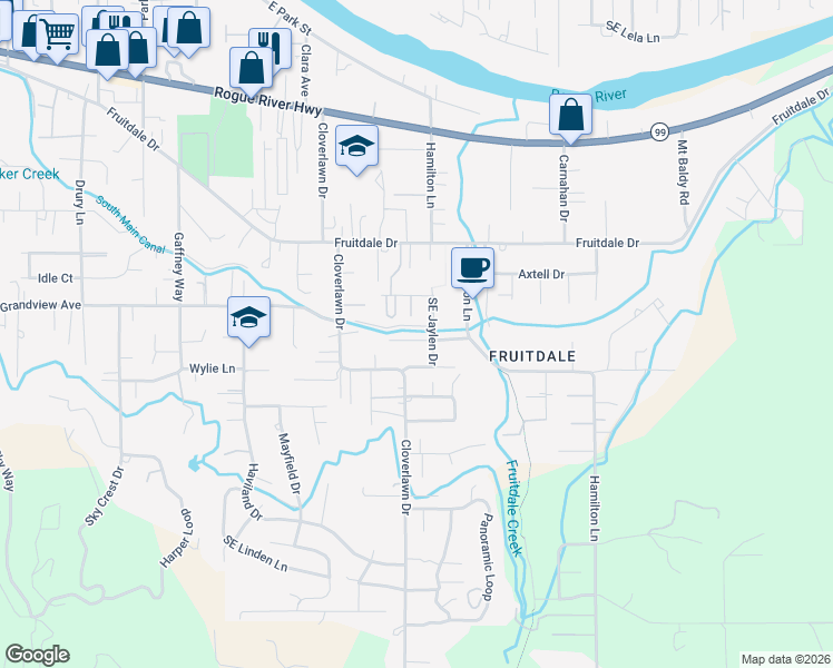 map of restaurants, bars, coffee shops, grocery stores, and more near 1316 Southeast Joel Drive in Grants Pass