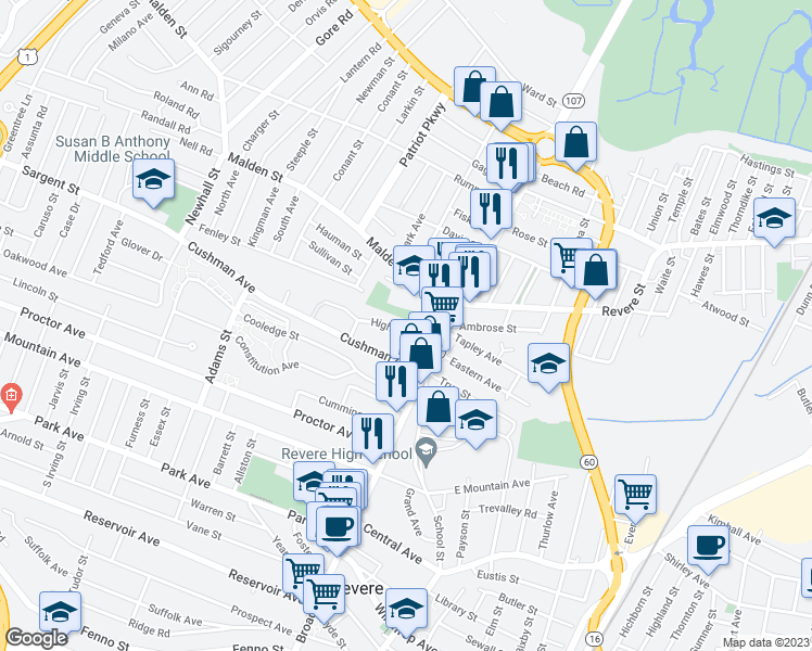 map of restaurants, bars, coffee shops, grocery stores, and more near 2 High Street in Revere