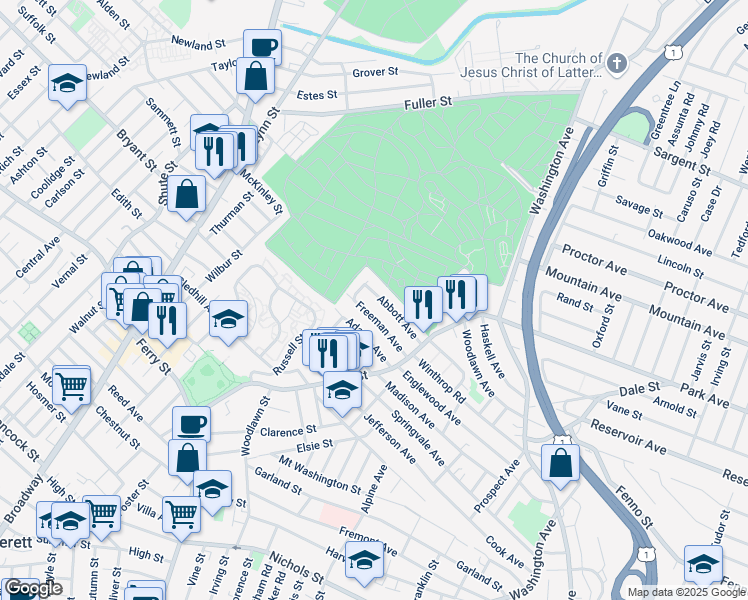 map of restaurants, bars, coffee shops, grocery stores, and more near 55 Adams Avenue in Everett