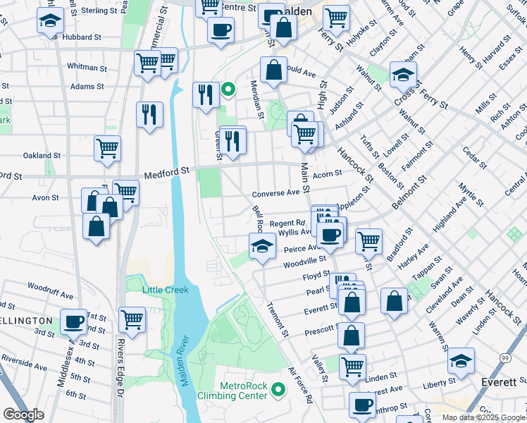 map of restaurants, bars, coffee shops, grocery stores, and more near 95 Bell Rock Street in Malden