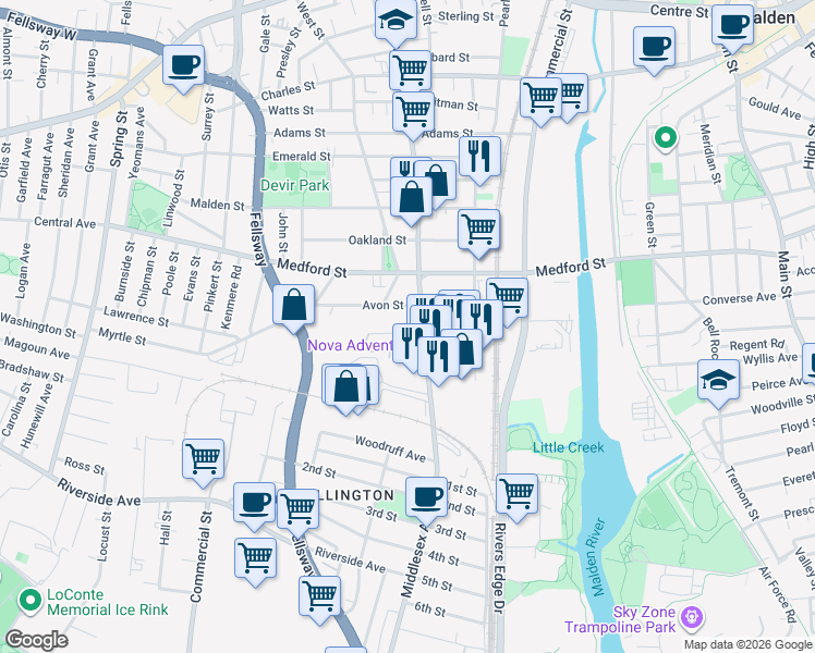 map of restaurants, bars, coffee shops, grocery stores, and more near 66 Devir Street in Malden