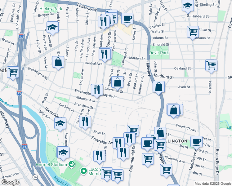 map of restaurants, bars, coffee shops, grocery stores, and more near 35 Myrtle Street in Medford