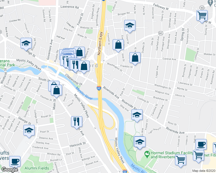 map of restaurants, bars, coffee shops, grocery stores, and more near in Medford