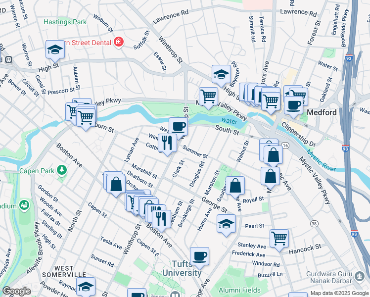 map of restaurants, bars, coffee shops, grocery stores, and more near 66 Clark Street in Medford