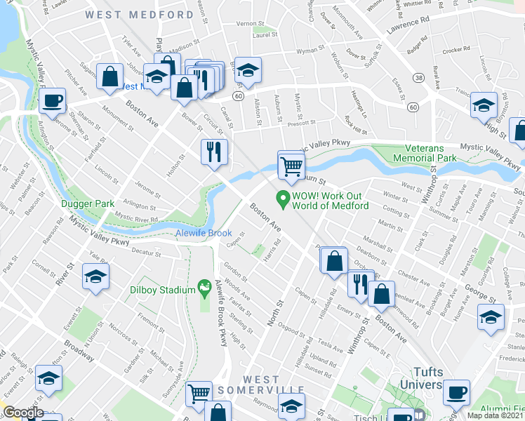 map of restaurants, bars, coffee shops, grocery stores, and more near 38 Irvington Road in Somerville
