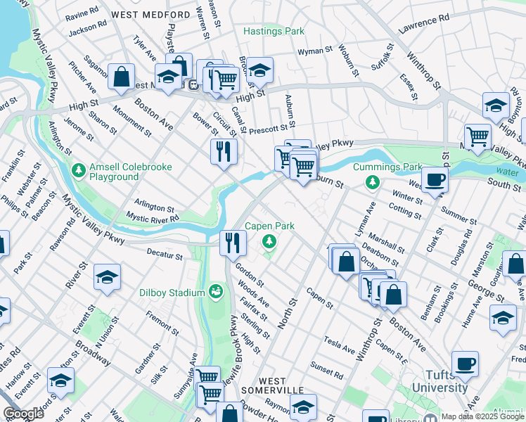map of restaurants, bars, coffee shops, grocery stores, and more near 38 Irvington Road in Somerville