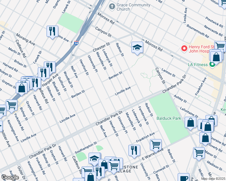 map of restaurants, bars, coffee shops, grocery stores, and more near 5817 Marseilles Street in Detroit