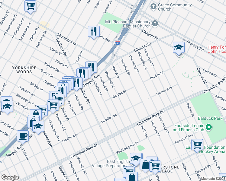 map of restaurants, bars, coffee shops, grocery stores, and more near 6104 Guilford Street in Detroit