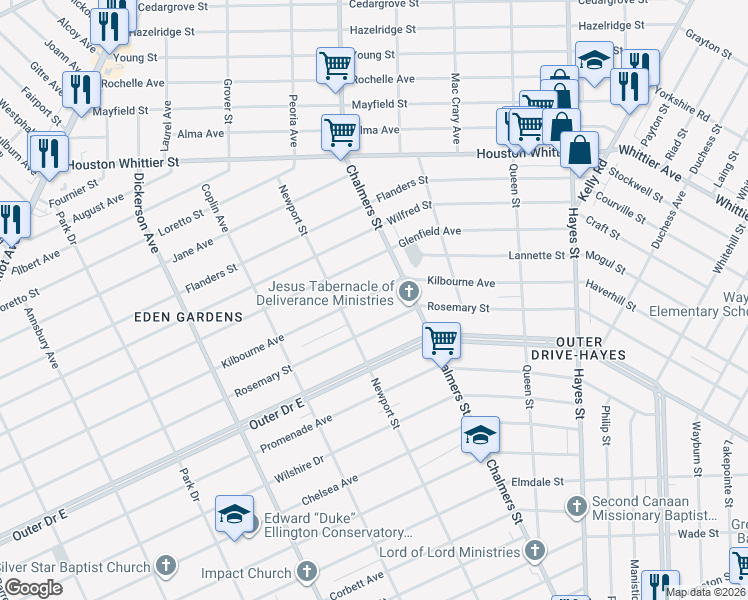 map of restaurants, bars, coffee shops, grocery stores, and more near 14229 Rosemary Street in Detroit