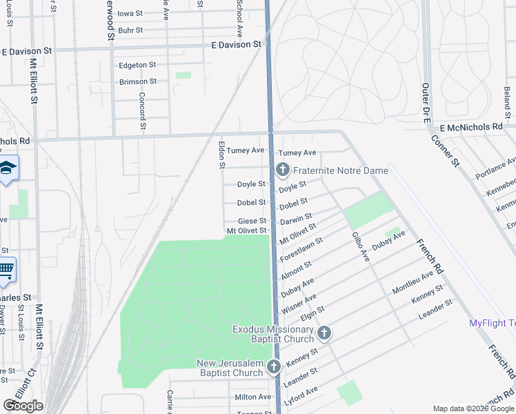 map of restaurants, bars, coffee shops, grocery stores, and more near 7582 Giese Street in Detroit
