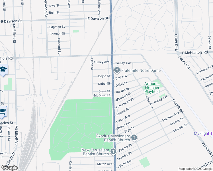 map of restaurants, bars, coffee shops, grocery stores, and more near 7582 Giese Street in Detroit