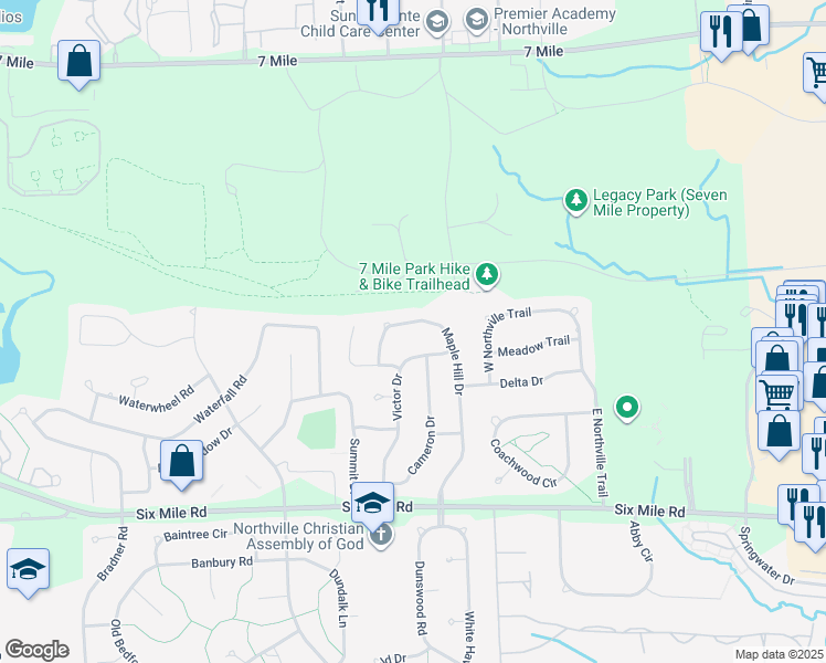 map of restaurants, bars, coffee shops, grocery stores, and more near 17447 Victor Drive in Northville