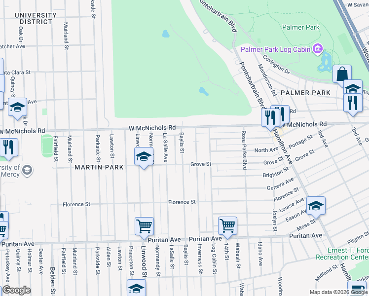 map of restaurants, bars, coffee shops, grocery stores, and more near 16870 Baylis Street in Detroit