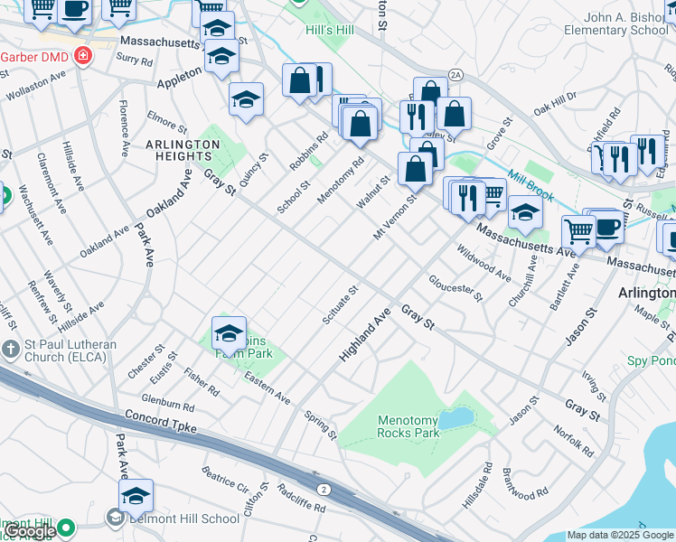 map of restaurants, bars, coffee shops, grocery stores, and more near 61 Scituate Street in Arlington