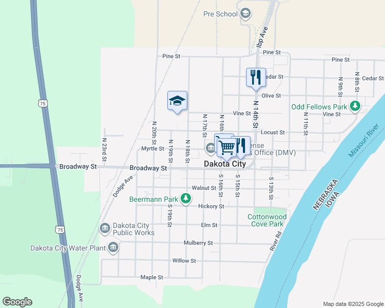 map of restaurants, bars, coffee shops, grocery stores, and more near 101-113 N 18th St in Dakota City