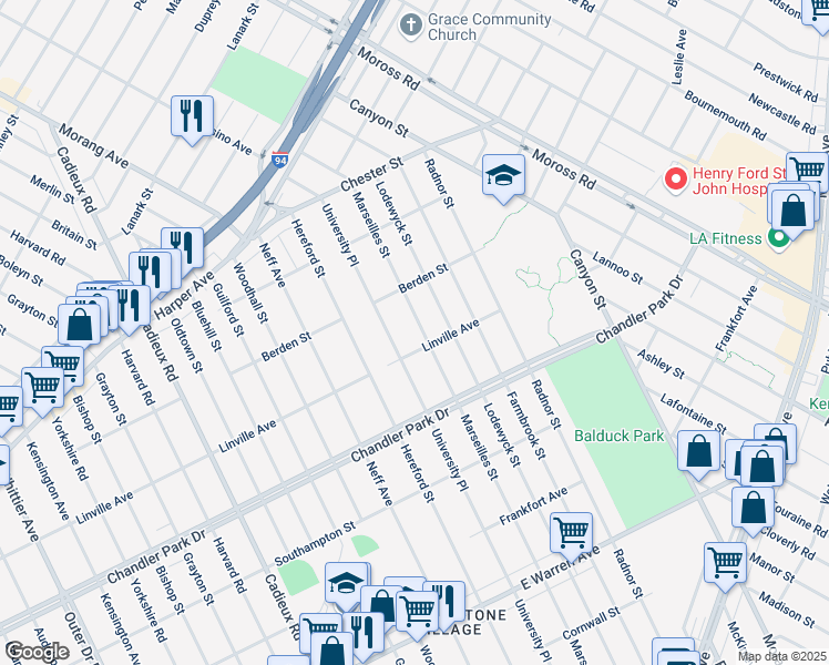 map of restaurants, bars, coffee shops, grocery stores, and more near 5817 Marseilles Street in Detroit