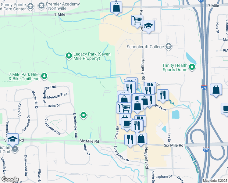 map of restaurants, bars, coffee shops, grocery stores, and more near 17901 Cross Road in Wayne County
