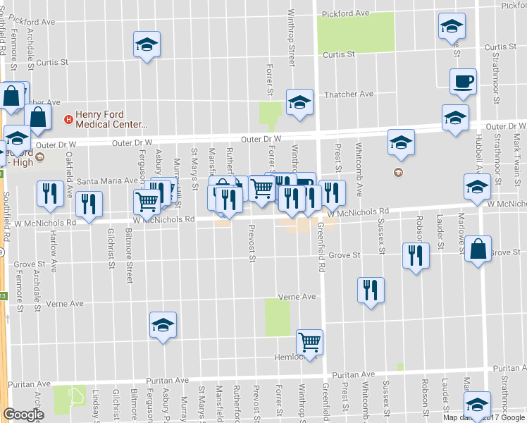 map of restaurants, bars, coffee shops, grocery stores, and more near 15800 McNichols Road West in Detroit