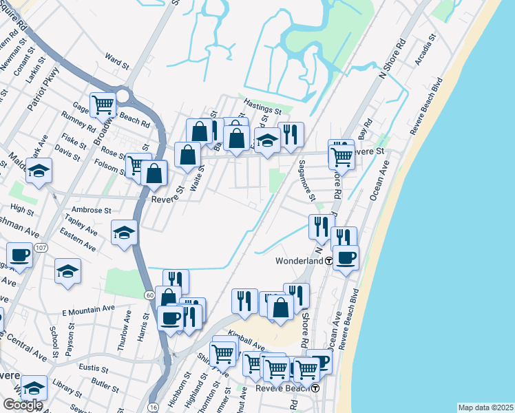 map of restaurants, bars, coffee shops, grocery stores, and more near 93 Atwood Street in Revere