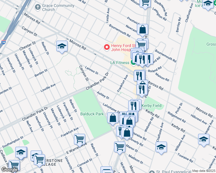 map of restaurants, bars, coffee shops, grocery stores, and more near 5241 Gateshead Street in Grosse Pointe
