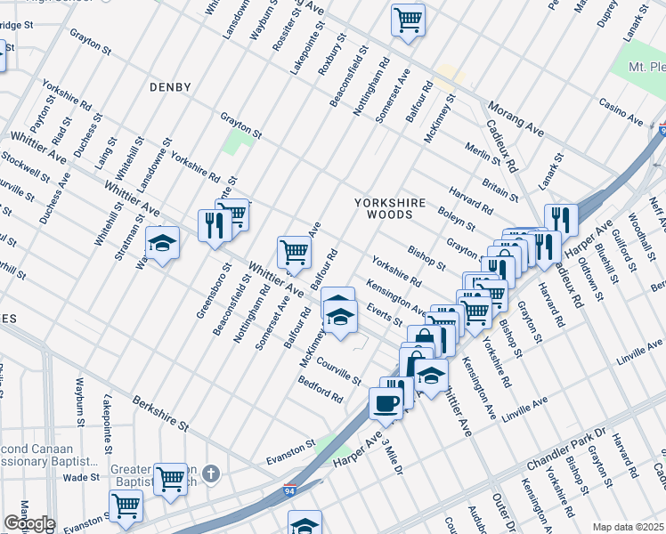 map of restaurants, bars, coffee shops, grocery stores, and more near 10288 Balfour Road in Detroit