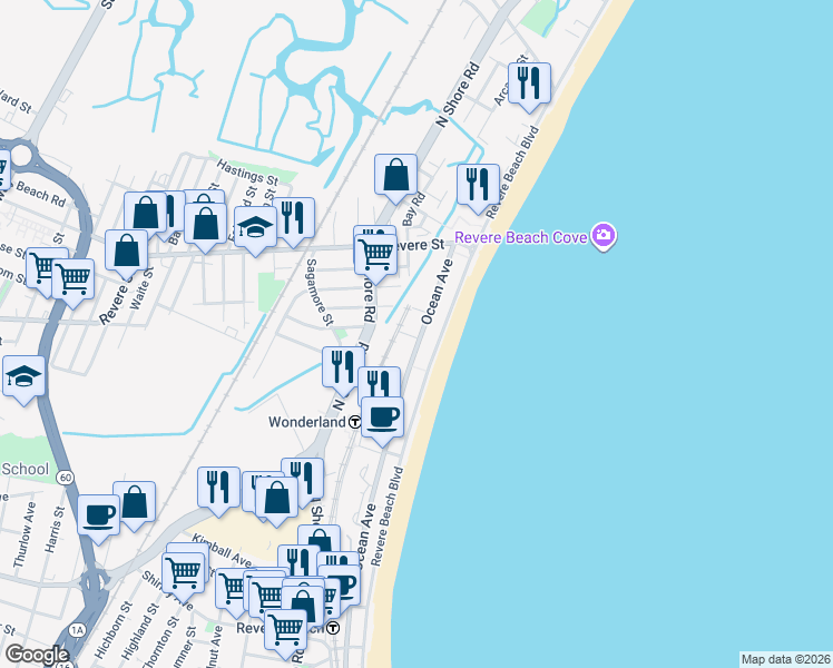 map of restaurants, bars, coffee shops, grocery stores, and more near 650 Ocean Avenue in Revere