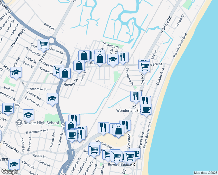 map of restaurants, bars, coffee shops, grocery stores, and more near 93 Atwood Street in Revere