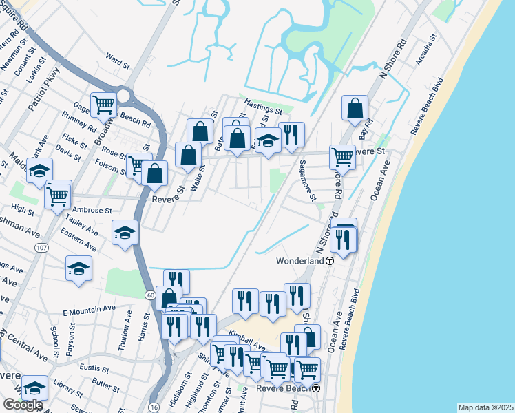 map of restaurants, bars, coffee shops, grocery stores, and more near 93 Atwood Street in Revere