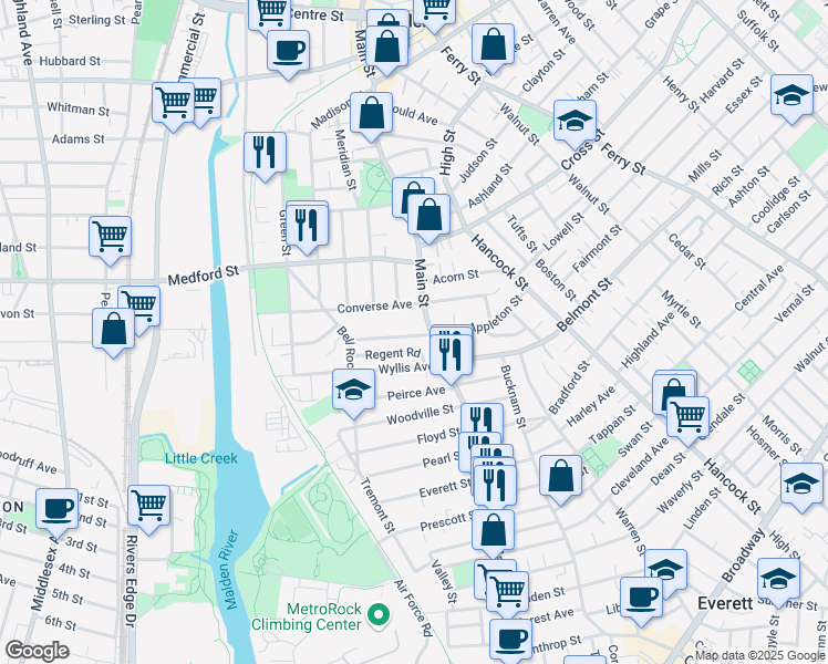 map of restaurants, bars, coffee shops, grocery stores, and more near 10 Regent Road in Malden