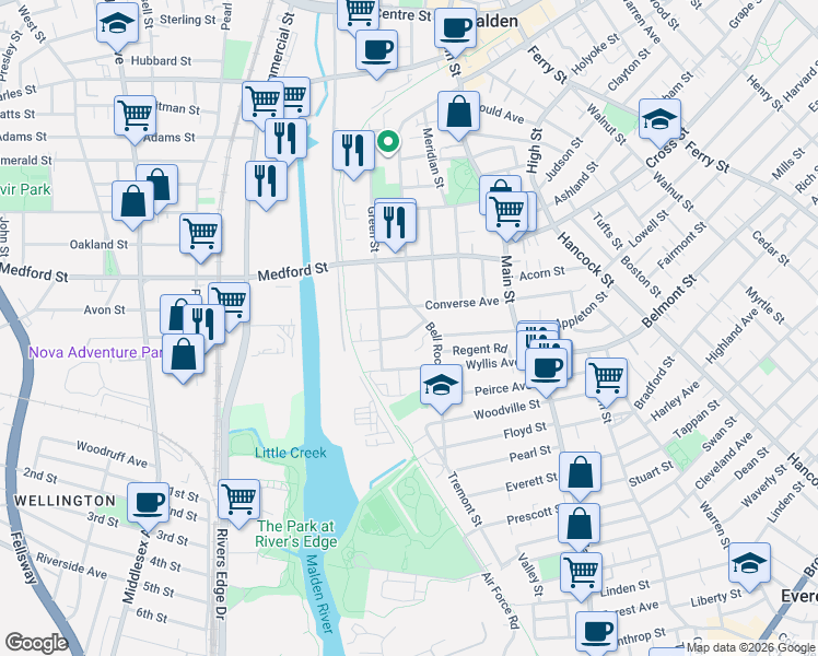 map of restaurants, bars, coffee shops, grocery stores, and more near 54 Newman Road in Malden