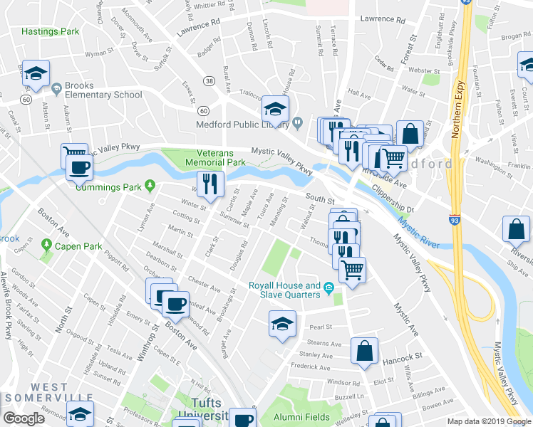 map of restaurants, bars, coffee shops, grocery stores, and more near 87 Summer Street in Medford