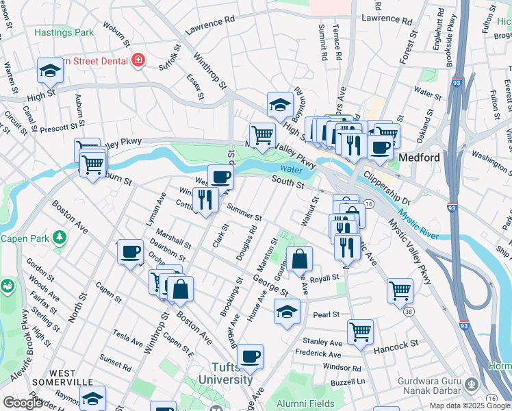 map of restaurants, bars, coffee shops, grocery stores, and more near 114 Summer Street in Medford