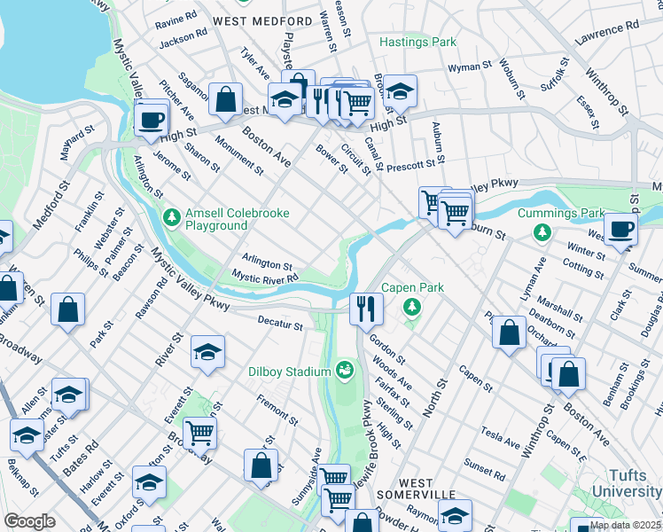 map of restaurants, bars, coffee shops, grocery stores, and more near 182 Jerome Street in Medford