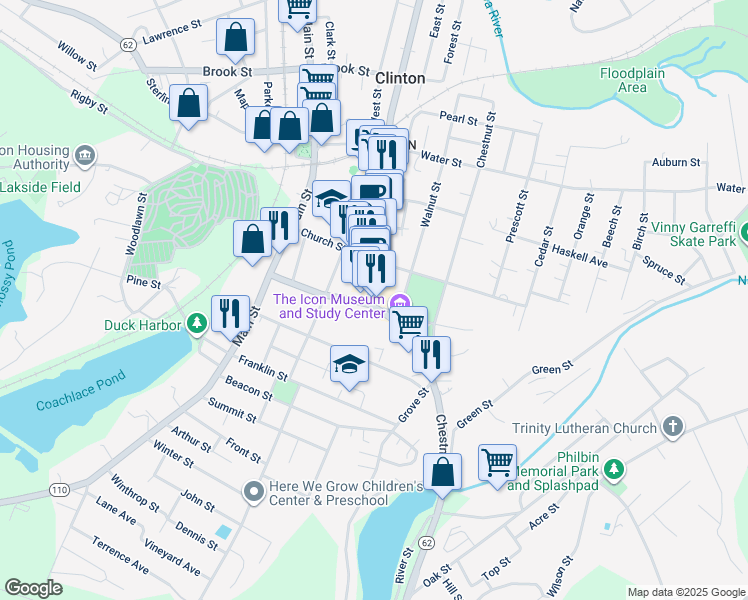 map of restaurants, bars, coffee shops, grocery stores, and more near 125 Massachusetts 70 in Clinton